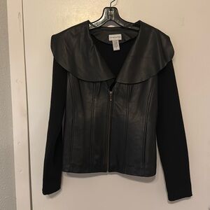Soft Surroundings Sz S Zippered Black Sweater Jacket Leather Front